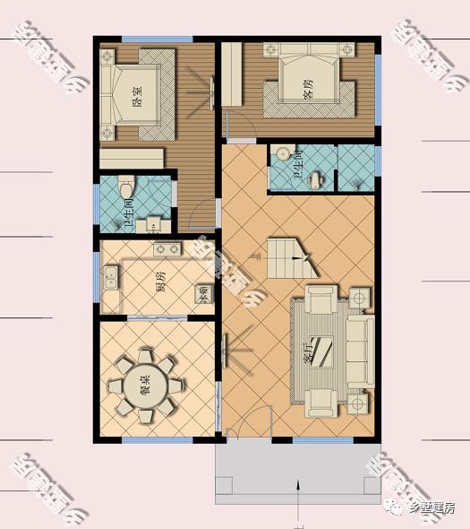 二层平面图 二楼作为生活起居的要空间,卧室设计比较紧凑,三室一厅