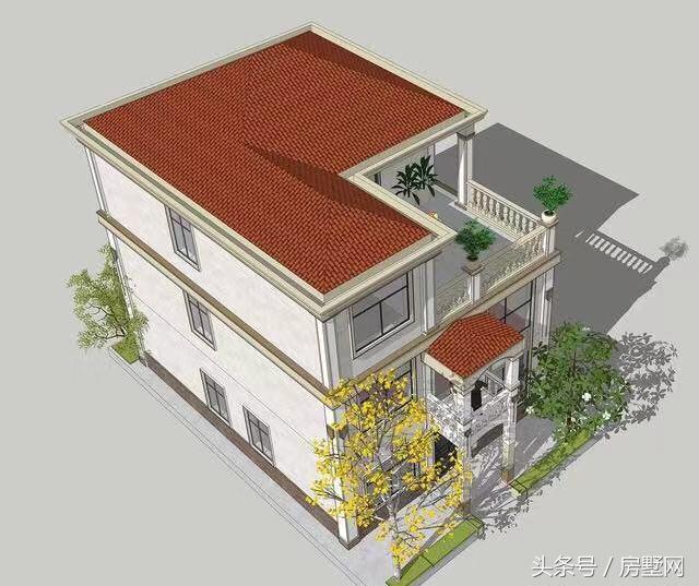 和墙体很是搭配,别墅体框架为四层,屋顶是斜顶设计,简约又不失