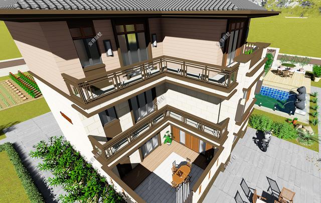 占地70平的3层小别墅设计图，户型呈现L型，入户围合成小庭院