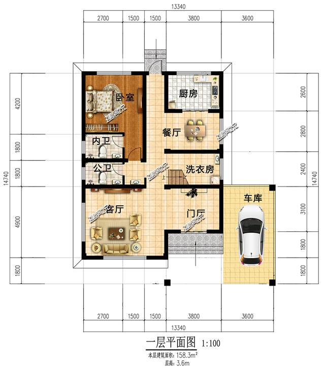 占地158平二层现代别墅设计图，带有大车库，实用，30万就能盖起！