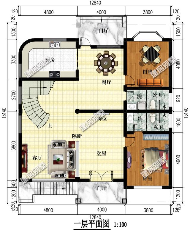 三层别墅设计图，12.8x15.1带架空层，室外楼梯全村第一家！