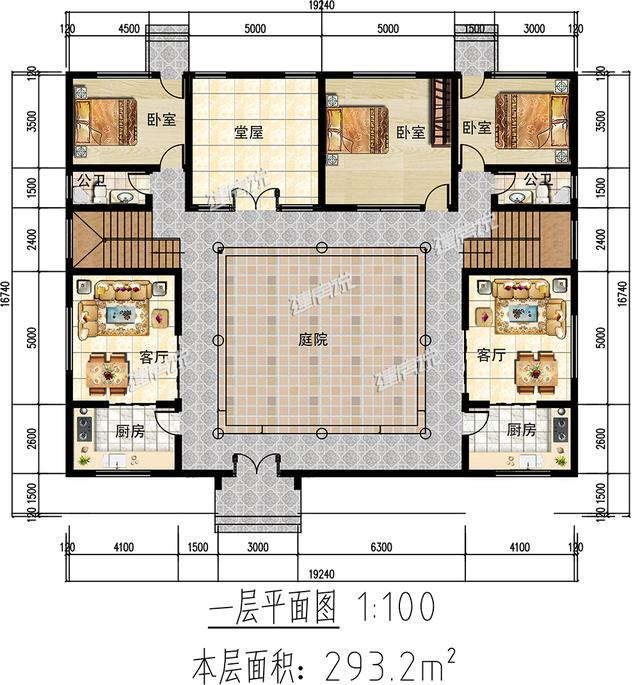 这款中国最美四合院别墅设计图，别墅占地方正，四平八稳，大气的很