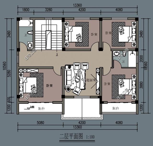占地面积134平的三层别墅自建房，设计了6间卧室，足以满足家人生活。