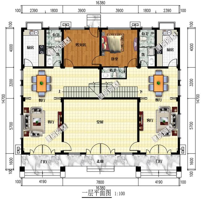 占地230平三层双拼别墅设计图，共用超大空间堂屋，单户8间卧室。