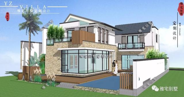 130平两层新中式度假别墅设计图，带庭院泳池露台。
