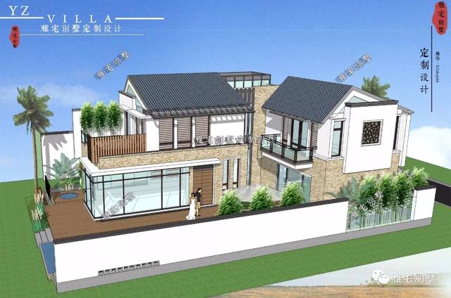 130平两层新中式度假别墅设计图，带庭院泳池露台。