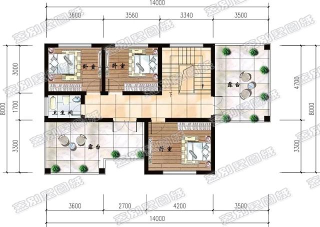 14米x8米三层别墅设计图，带双露台和车库，设计简单实用，适合农村自建