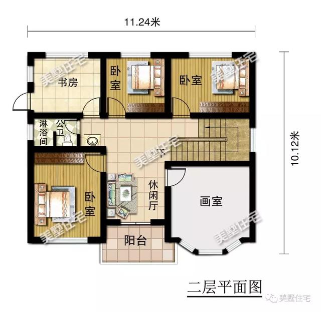 11.24米x10.12米二层小别墅设计图，高贵典雅，内配画室、书房、棋牌室。