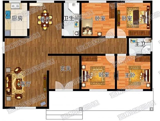 15万以内一层别墅：15×11米2厅3卧农村房屋设计图施工图