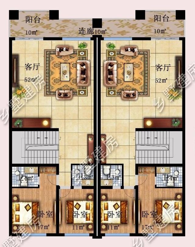 14.9X16.8米双拼三层别墅设计图，兄弟姐妹住在一起其乐融融。