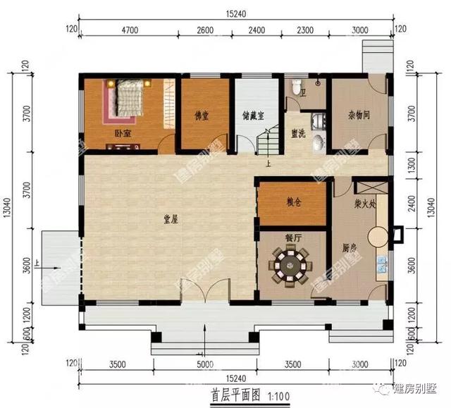 两栋开间15米多的漂亮别墅设计图，第一栋配堂屋、粮仓和茶室