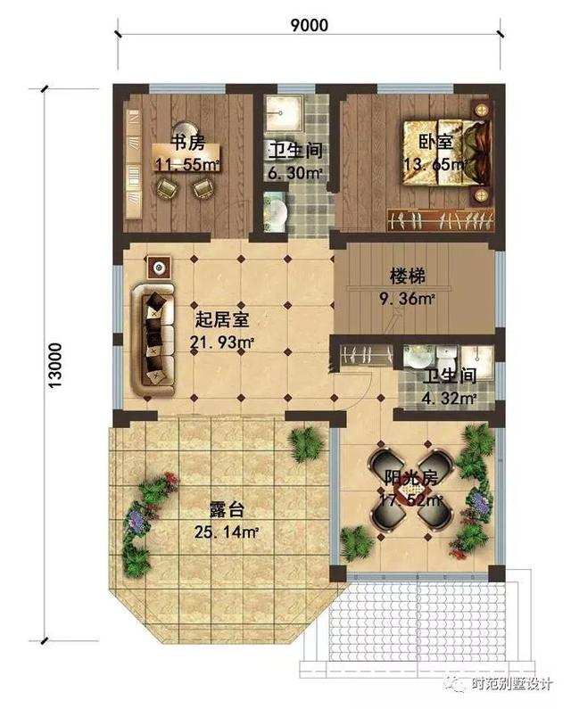 复式三层小别墅设计图，9米小面宽带阳光房，7室4厅，适合农村自建