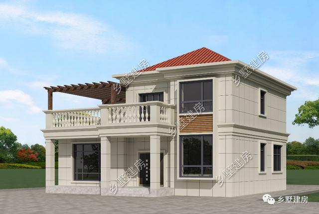 这栋简欧风二层小别墅设计图，别墅外立面色调纯洁、简约，造价只要24万