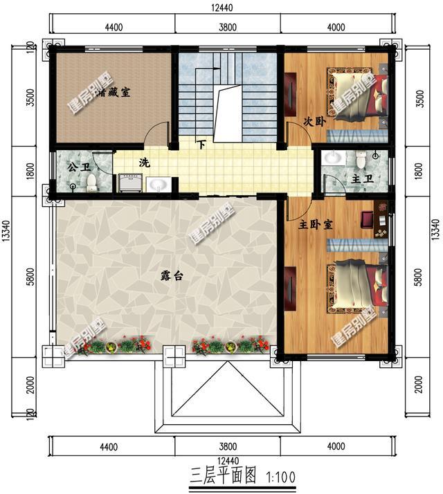 复式三层别墅设计图，12.4×13.3米，布局合理，节省空间