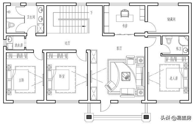 新中式别墅设计图，平面布局十分规整，符合业主要求和家人的使用习惯