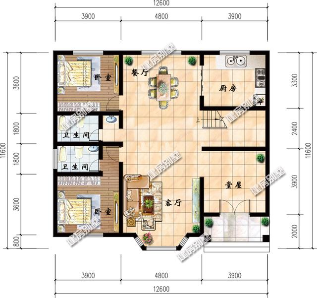 3栋面宽12.6米二层别墅设计图，都带堂屋设计，都是5间卧室