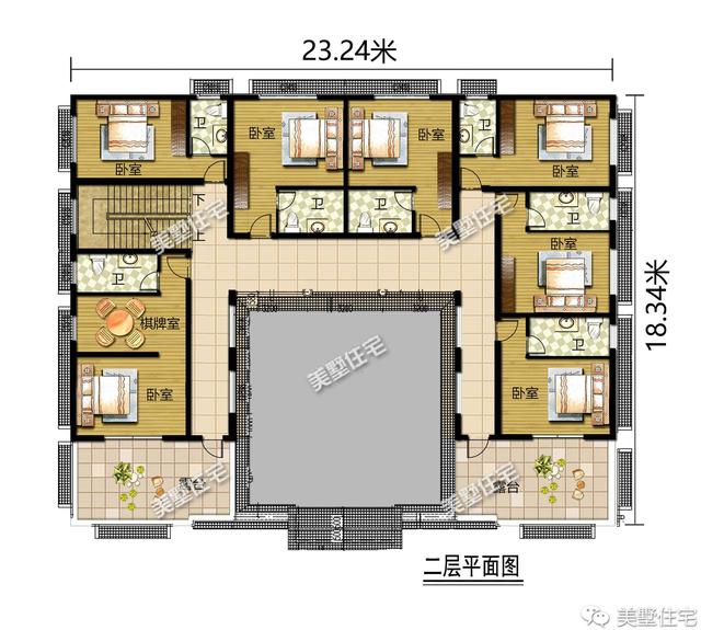新中式风格三层别墅四合院平面户型图，霸气