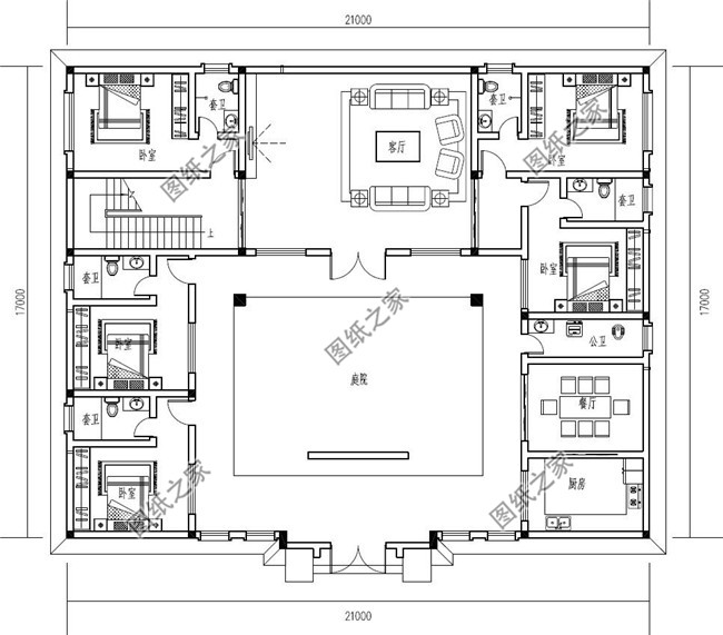 乡村新中式二层四合院别墅设计图,带庭院和露台,21x17