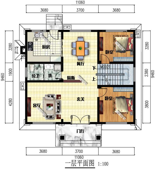 11×9.46米新中式外观风格的三层别墅楼房户型，大气
