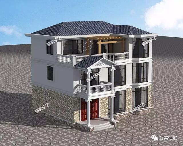 13×12.2米三层带堂屋自建楼房设计，外观适合乡村
