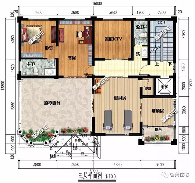 16×13.8米豪华三层半别墅豪宅户型图，还带电梯