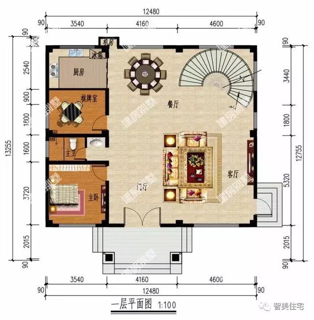 宽12米旋转楼梯复式三层洋房户型方案图，欧式风格