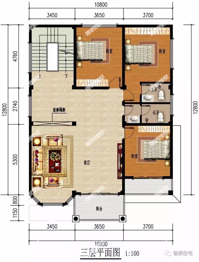 客厅挑空楼顶带凉亭的四层自建房户型设计图，旋转楼梯