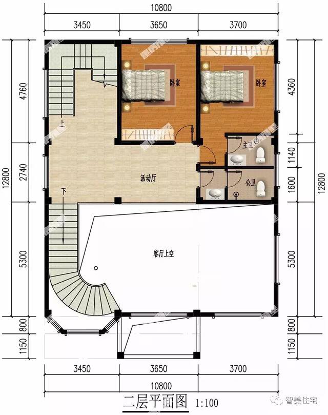 客厅挑空楼顶带凉亭的四层自建房户型设计图，旋转楼梯