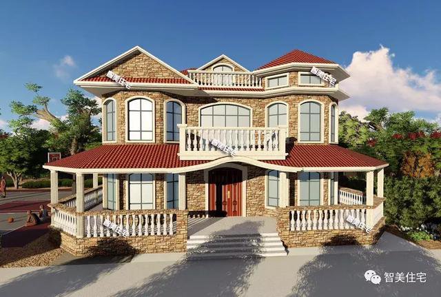 16.9×13.8米农村二层半住宅户型方案图，纯欧式风格
