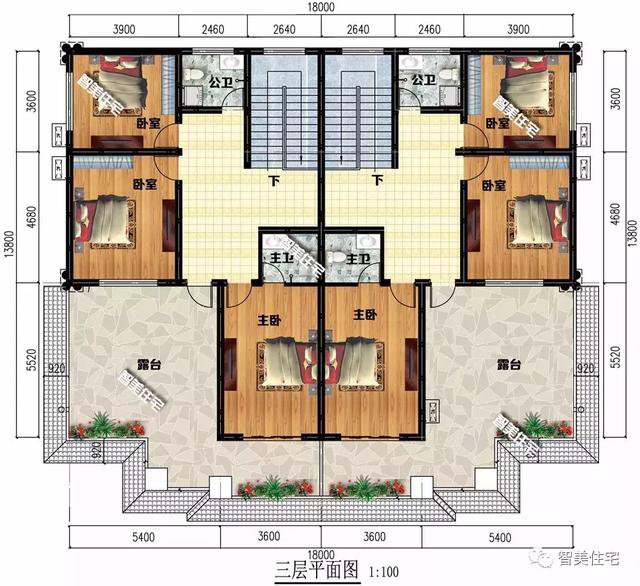 18×13.8米双拼别墅户型方案图，客厅挑空共用堂屋