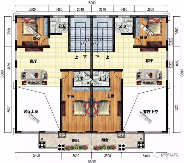 18×13.8米双拼别墅户型方案图，客厅挑空共用堂屋