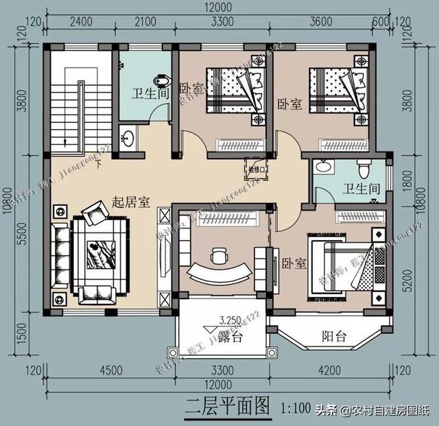 12×10.5m时尚二层农村自建房设计图纸，5室3厅4卫
