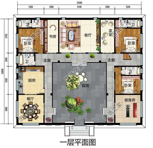 中式四合院风格别墅设计图，平屋顶，书房、茶室、健身房一应俱全