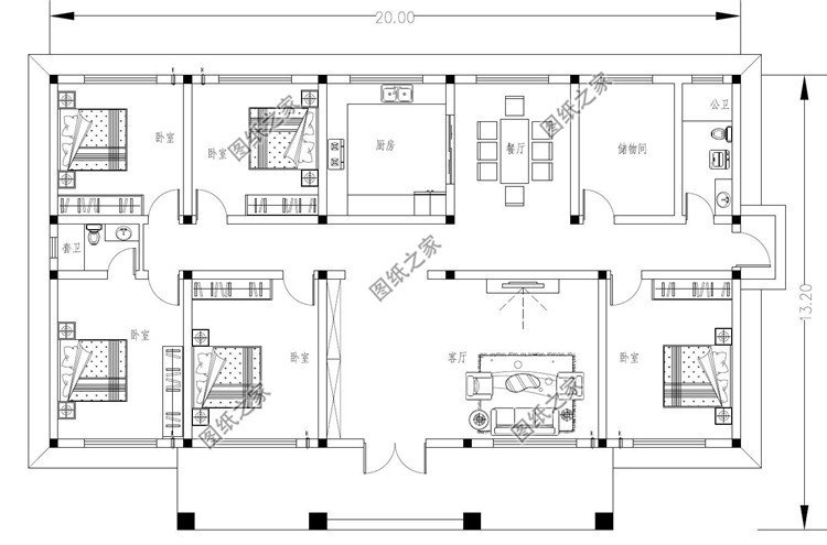 一层5间欧式平房小洋楼建筑设计图纸大户型一层别墅户型
