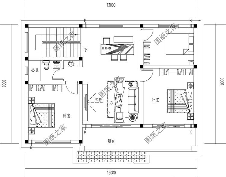 二层新中式别墅设计二层户型图