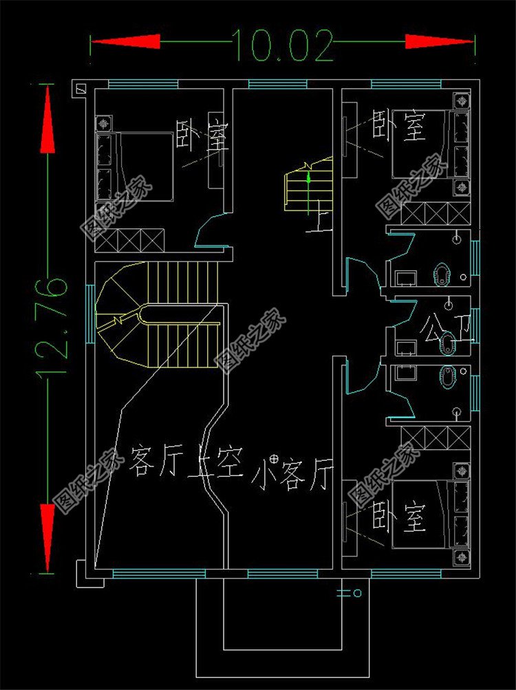 面宽10米独栋三层别墅自建房设计图纸,复式旋转楼梯设计