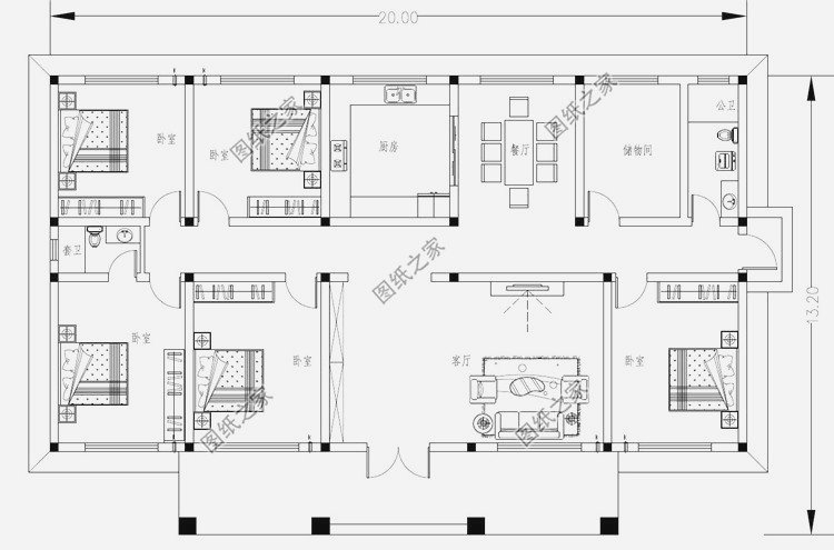 卧室×2,卫生间,书房;户型二:100平左右农村一层平房小洋楼设计图纸