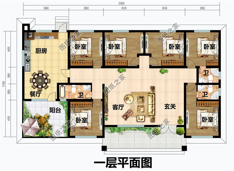 面宽22米农村一层自建房别墅设计图,大户型平房方案