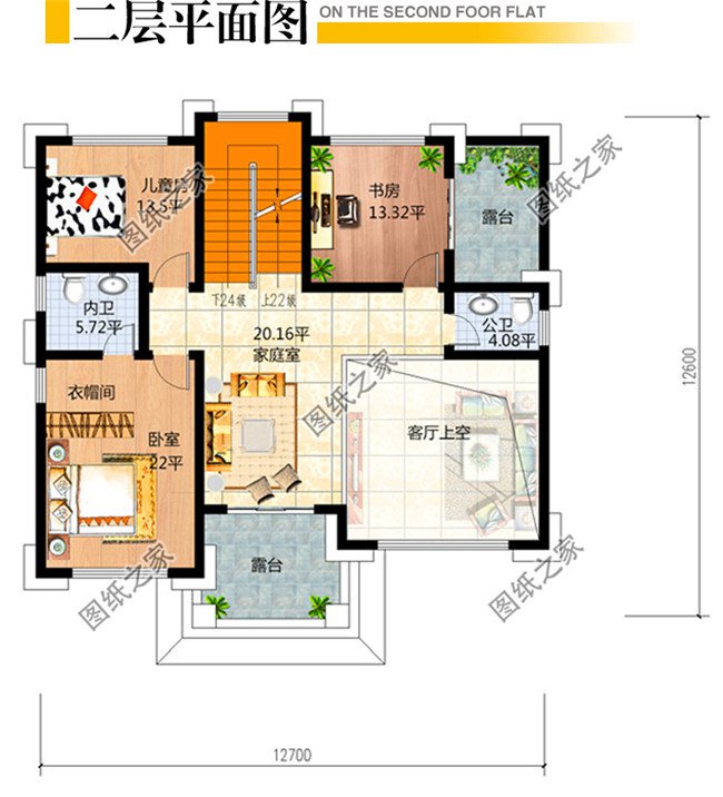 新中式三层别墅二层户型图