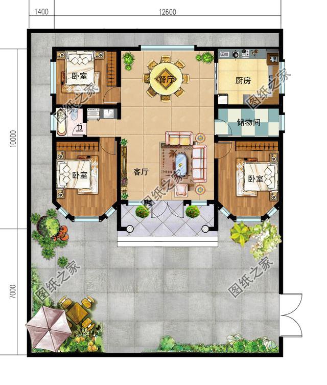 餐厅,厨房,主卧(带卫生间),卧室x3,卫生间;   图纸设计三:120平方米