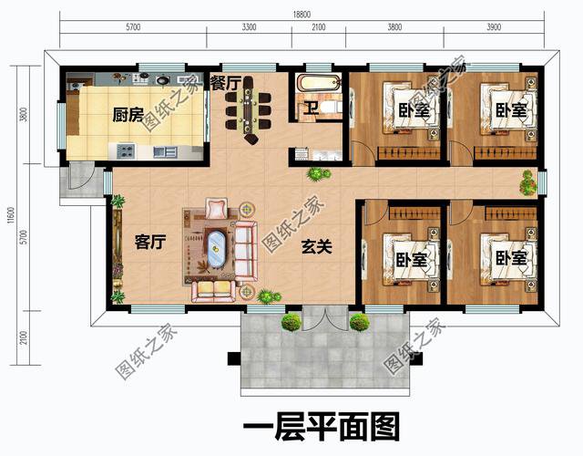 卧室×2,书房,棋牌室,卫生间;   图纸设计五:农村一层平房别墅设计