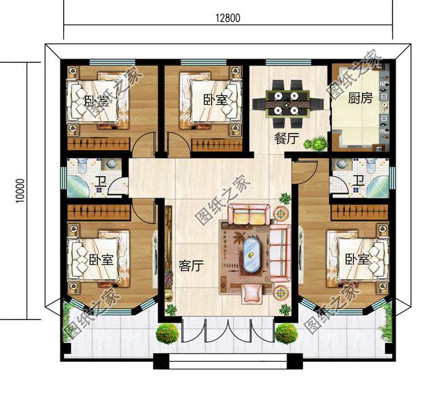 卧室×4,卫生间;   图纸设计二:新农村一层平屋顶简单自建房别墅设计