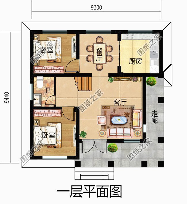 娱乐室,阳台;一层户型:客厅,厨房,餐厅,卧室x2,卫生间,走廊;设计功能