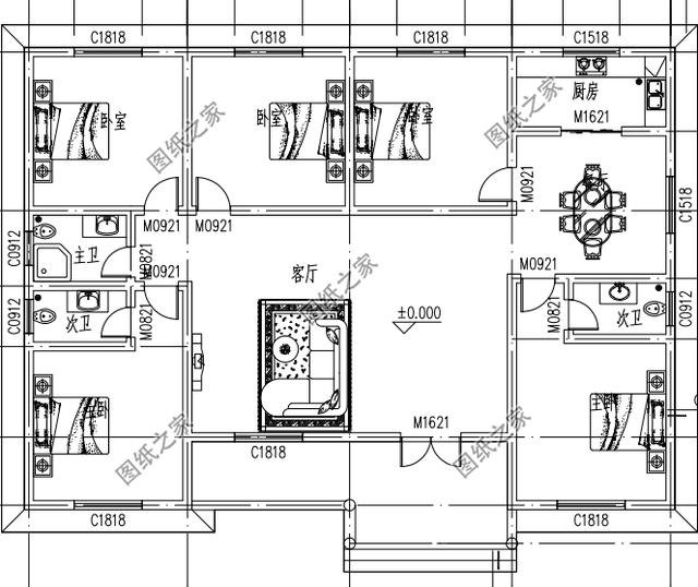 户型二:农村三室二厅一层小平房设计图,简单实用型