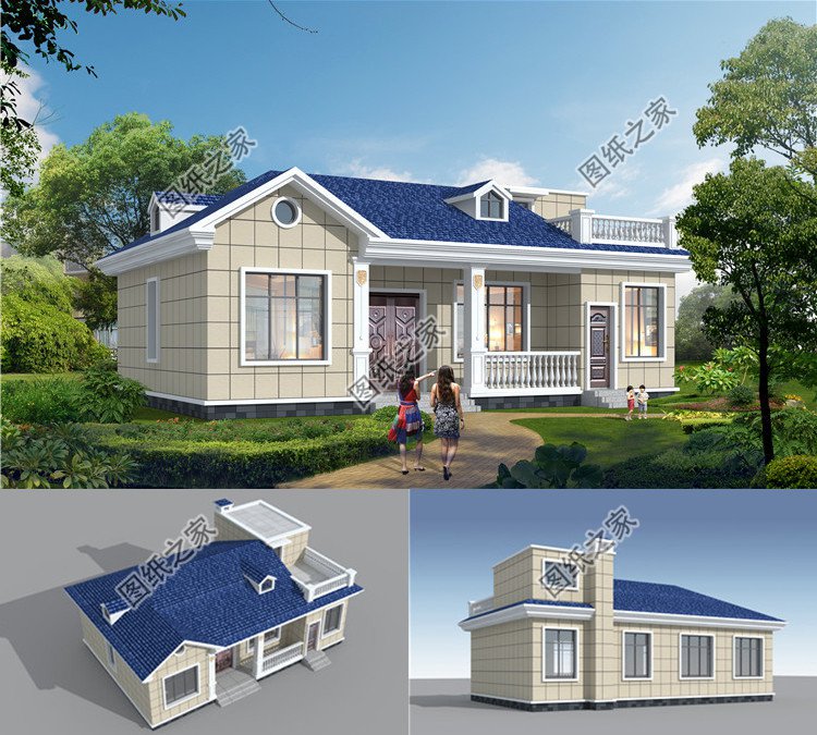 140平方米江西新农村自建一层带阁楼cad别墅设计图纸及效果图12x11米