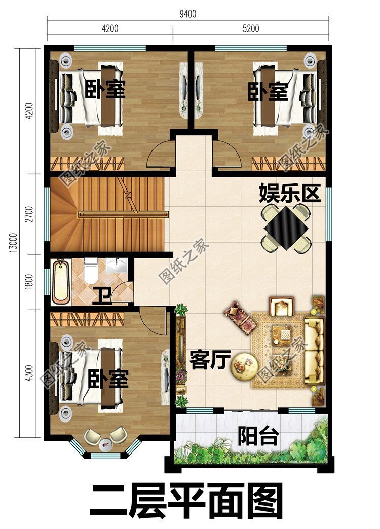 第三款:带大露台的二层半农村别墅设计图以及户型图,自建房简单实用型