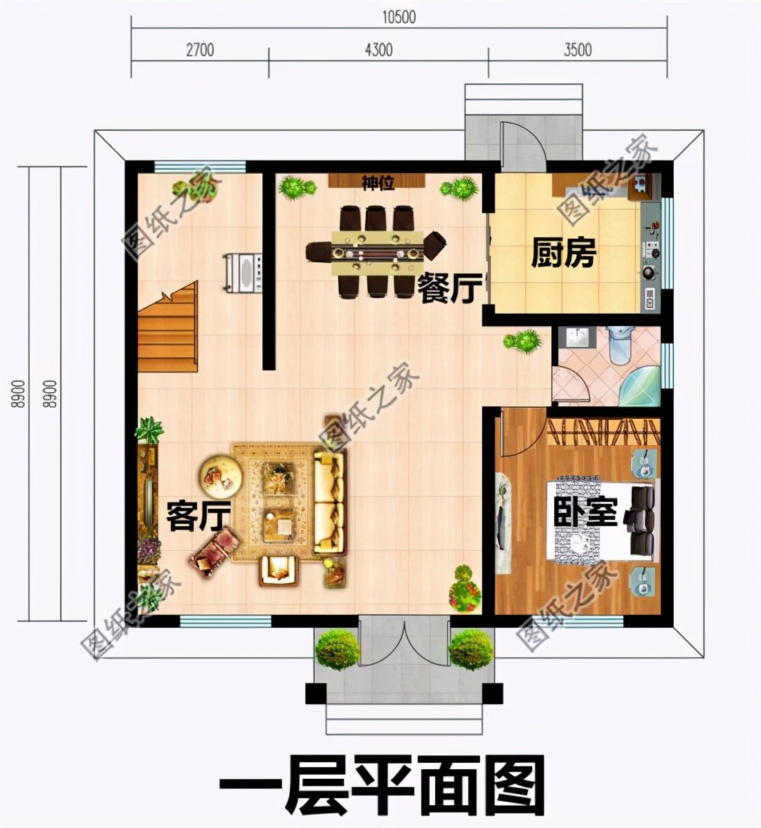 设计功能: 一层户型:客厅,神位,餐厅,厨房 ,卧室,卫生间; 二层户型