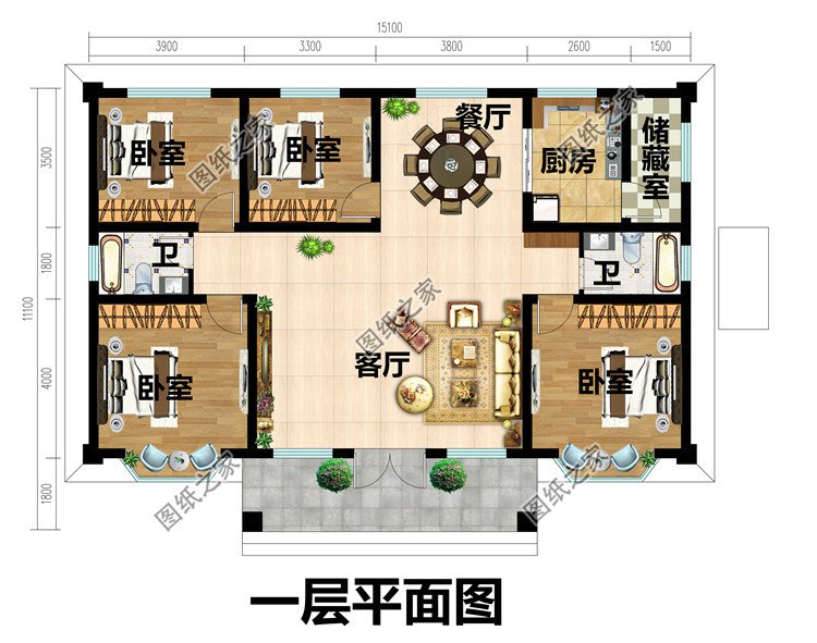 一层农房别墅设计图纸,140平方米,面宽15米_一层别墅设计图_图纸之家