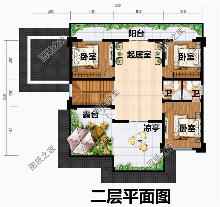新中式二层住宅设计图，大面积居住阳台，确保您的生活充满阳光