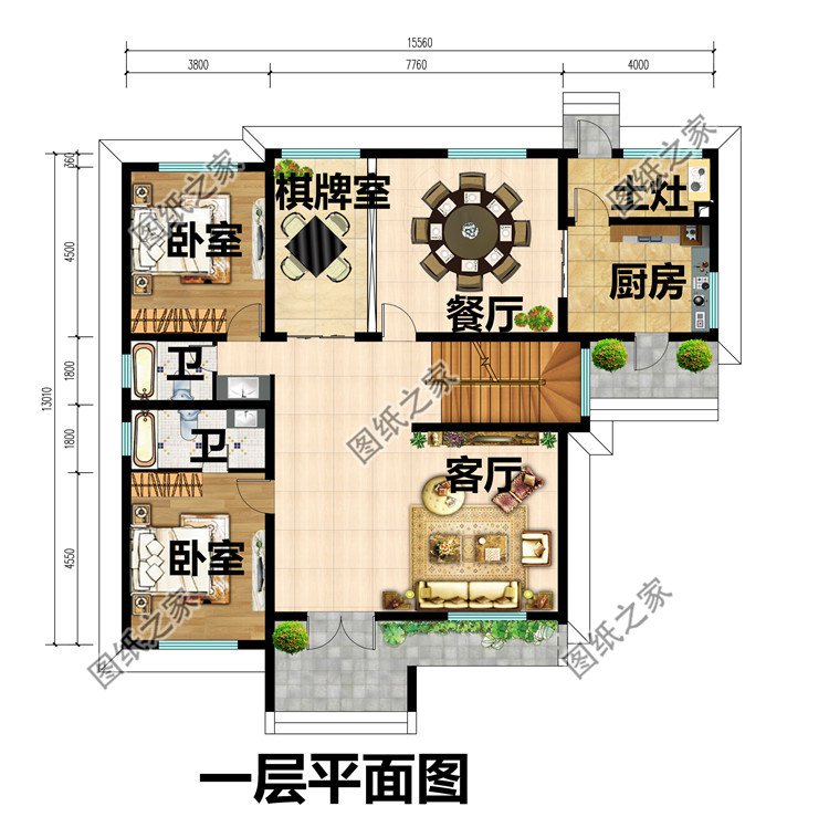 中式徽派二层农村别墅设计图一层平面图